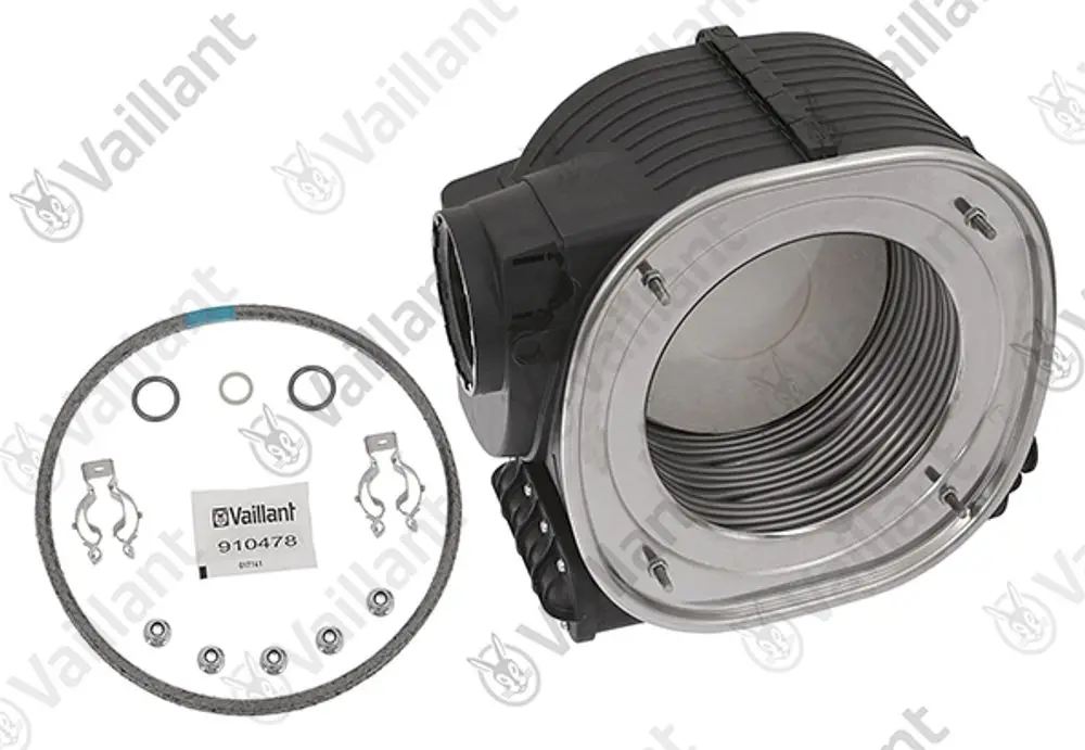 Vaillant Wärmetauscher mit einem runden Gehäuse, Umlenkung und Montagesatz, inklusive Dichtungen und Halterungen, auf hellem Hintergrund abgebildet.